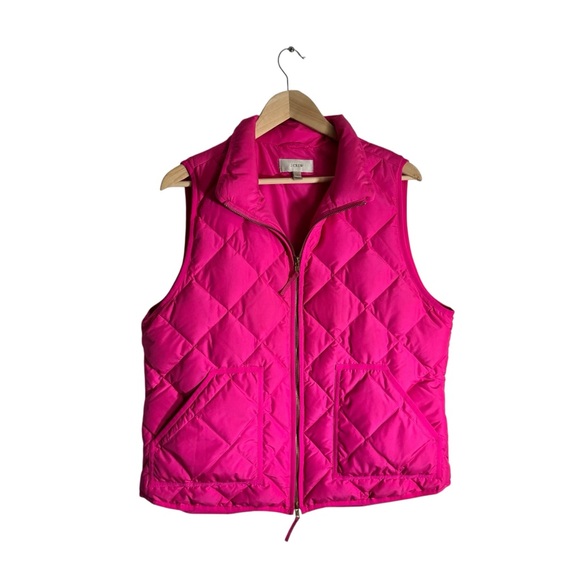 J. Crew Quilted Puffer Vest Excursion Hot Pink Gold Down Fill Zip Women's XL - Picture 2 of 5
